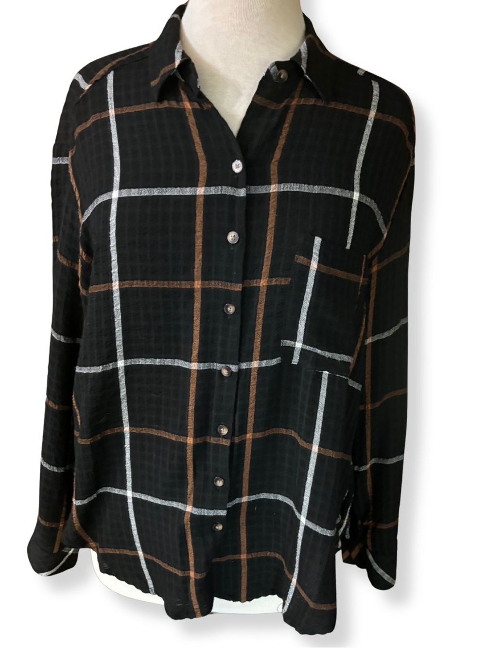 Jane + Delancey Black Plaid Roll Tab Blouse Top Size Small